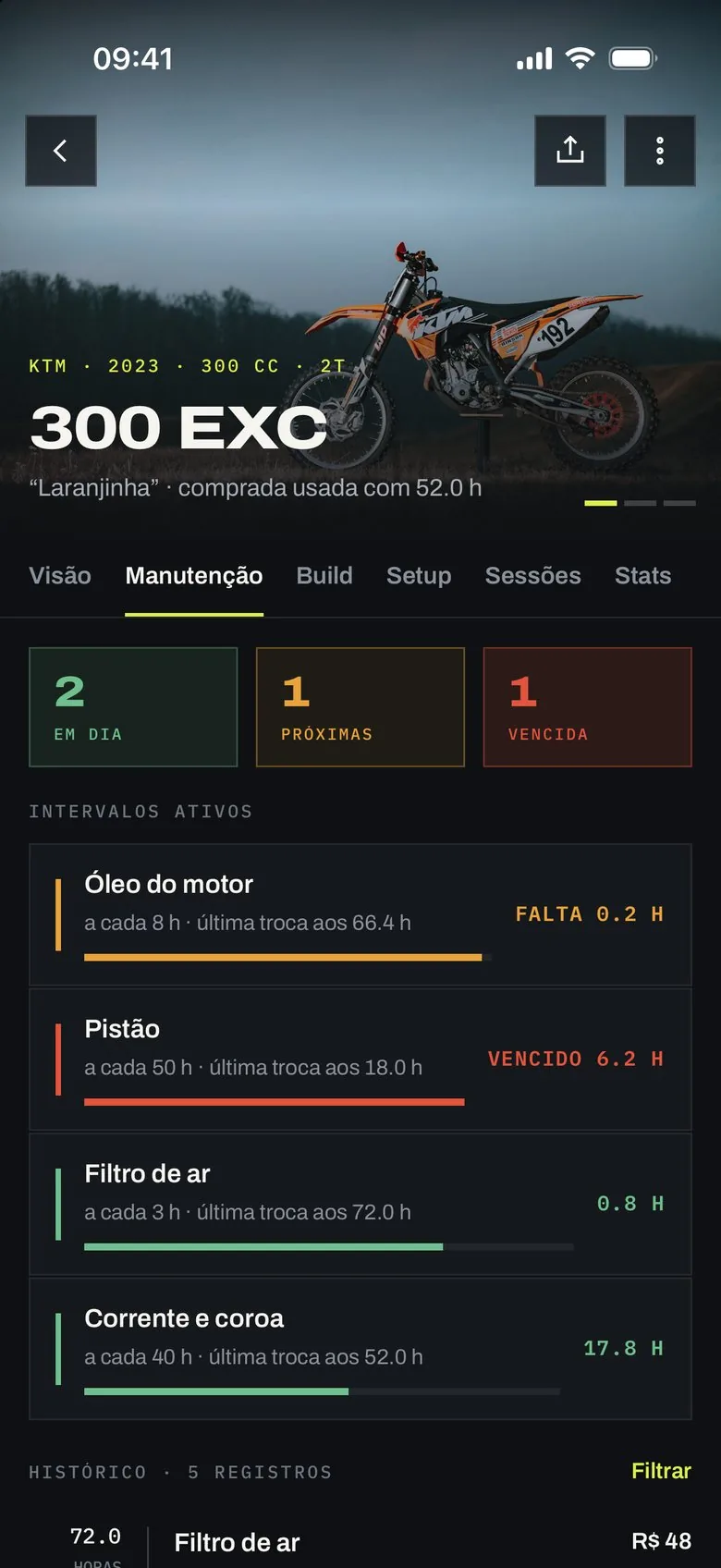 Tela de manutenção com intervalos de óleo, pistão, filtro de ar e corrente